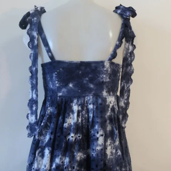 Womens LoveShackFancy Navy Blue White Tie Dye Eyelet Shoulder Ties Midi Dress 0 - Picture 12 of 15
